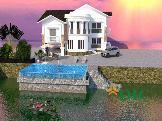 Bản vẽ 3D bể bơi biệt thự ngoài trời