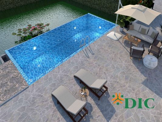 Bản vẽ 3D bể bơi biệt thự ngoài trời